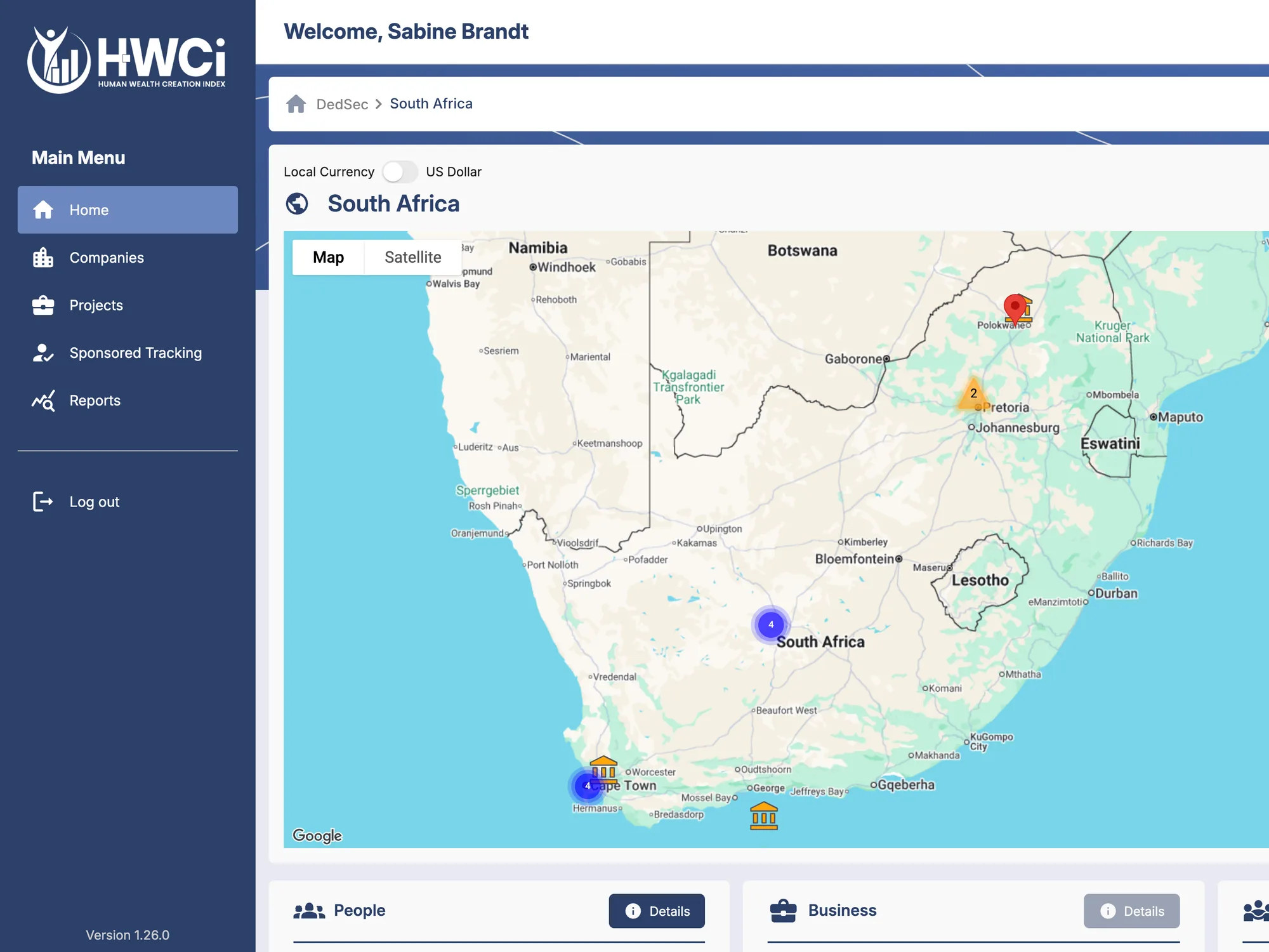 Wealth Creation Index dashboard with a map of institutions across South Africa