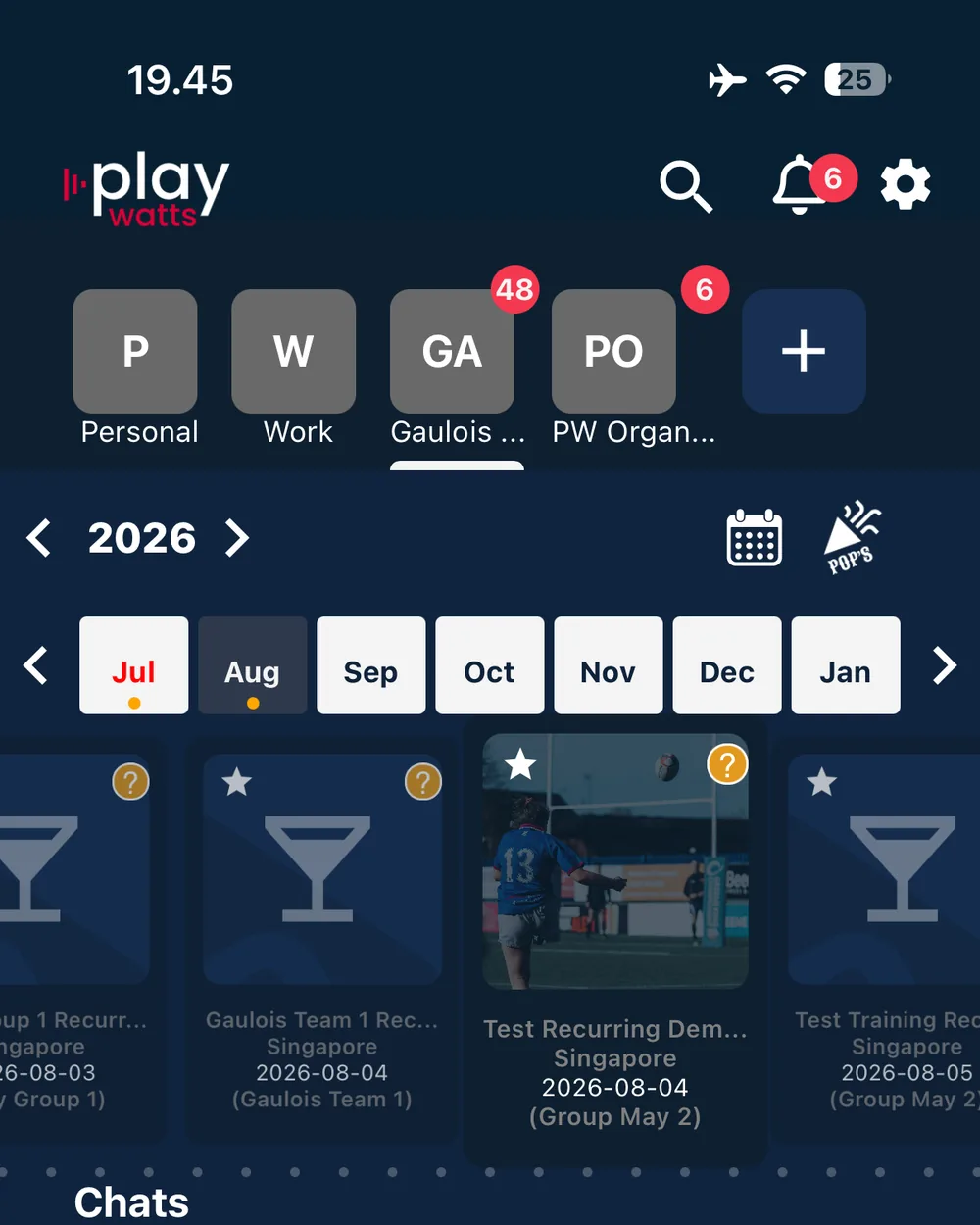 Playwatts mobile app home with accounts, a month picker and upcoming events