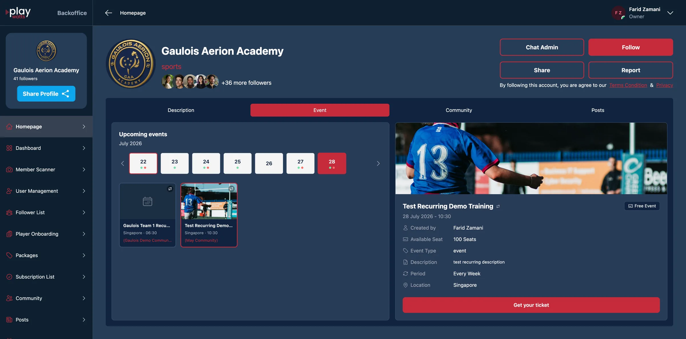 Playwatts business page with upcoming events and a recurring training session