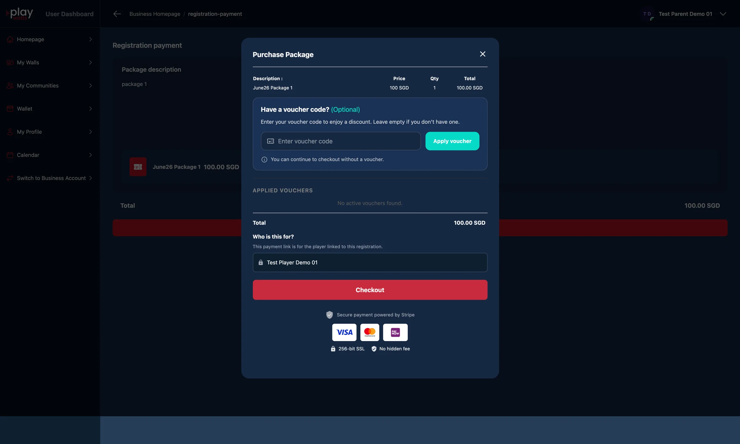 Playwatts package checkout with voucher code and Stripe payment