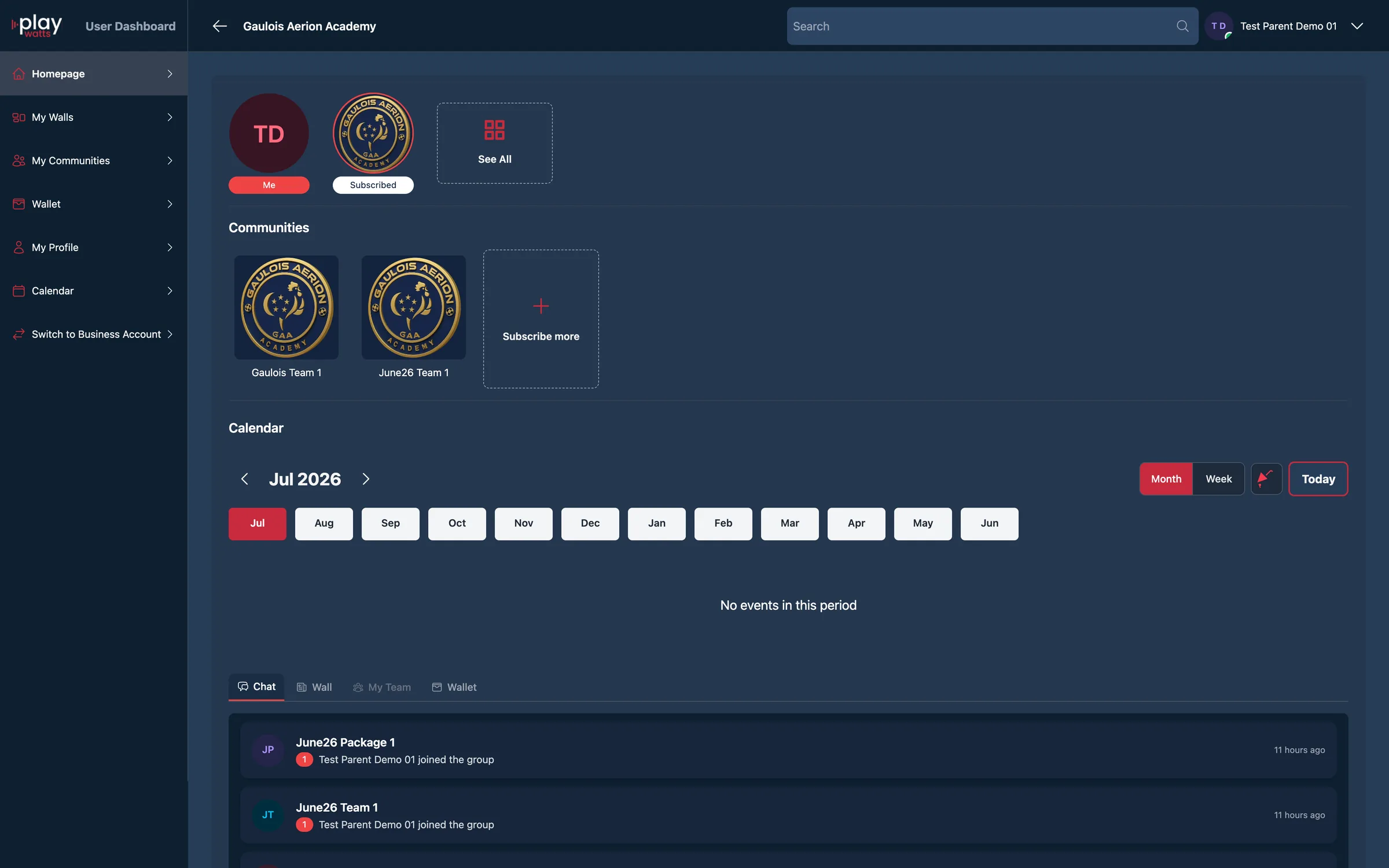 Playwatts user dashboard with communities, calendar and group chat