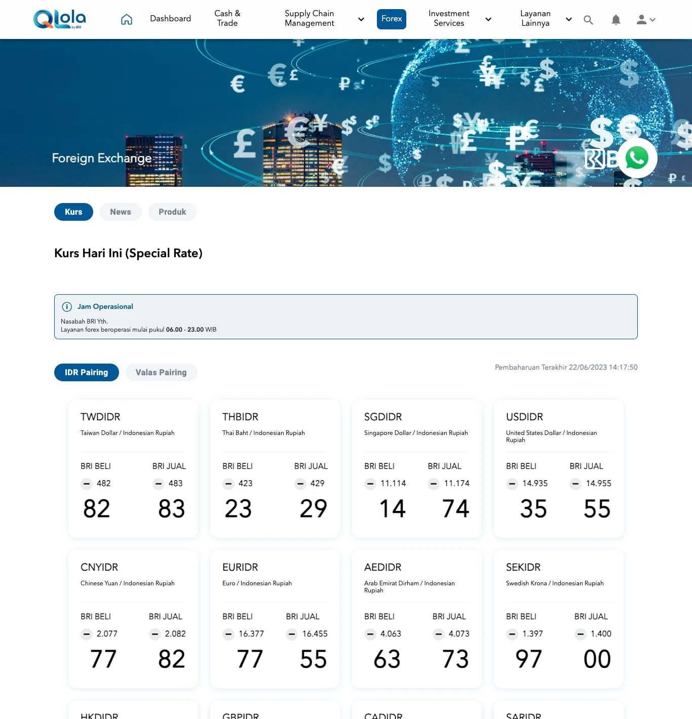 Qlola foreign exchange rates for IDR and cross-currency pairs