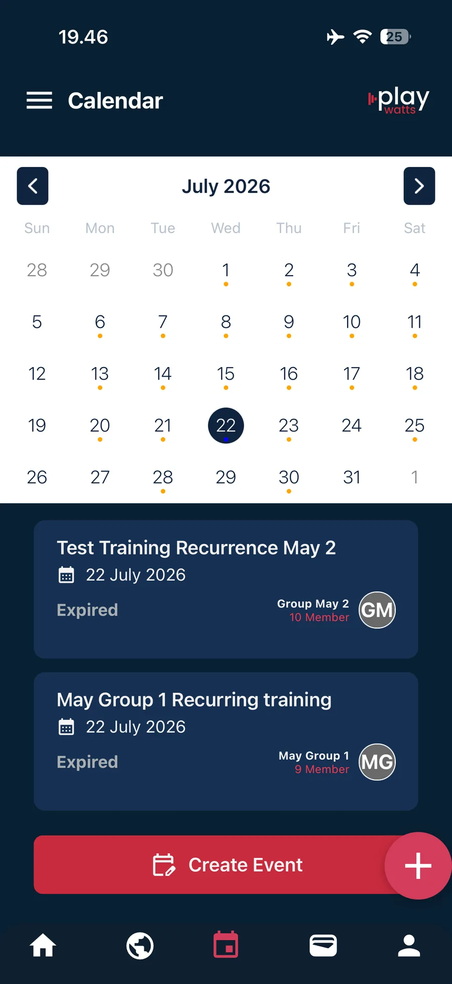 Playwatts mobile calendar with scheduled events