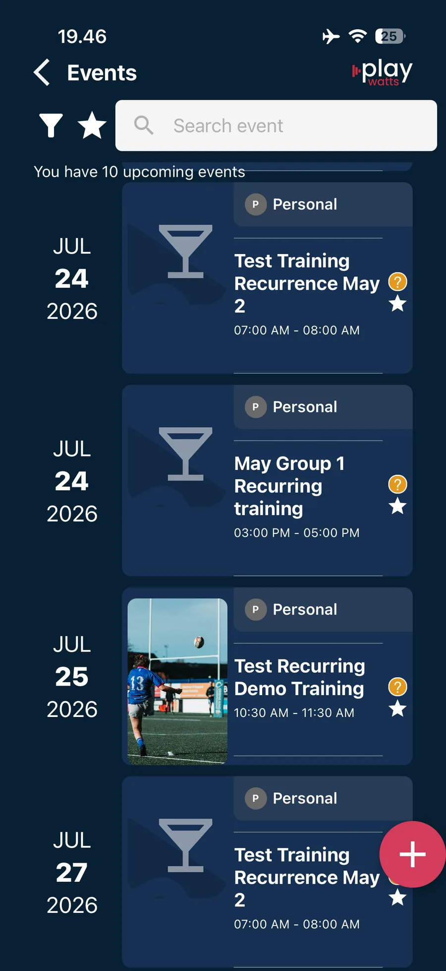 Playwatts mobile events list