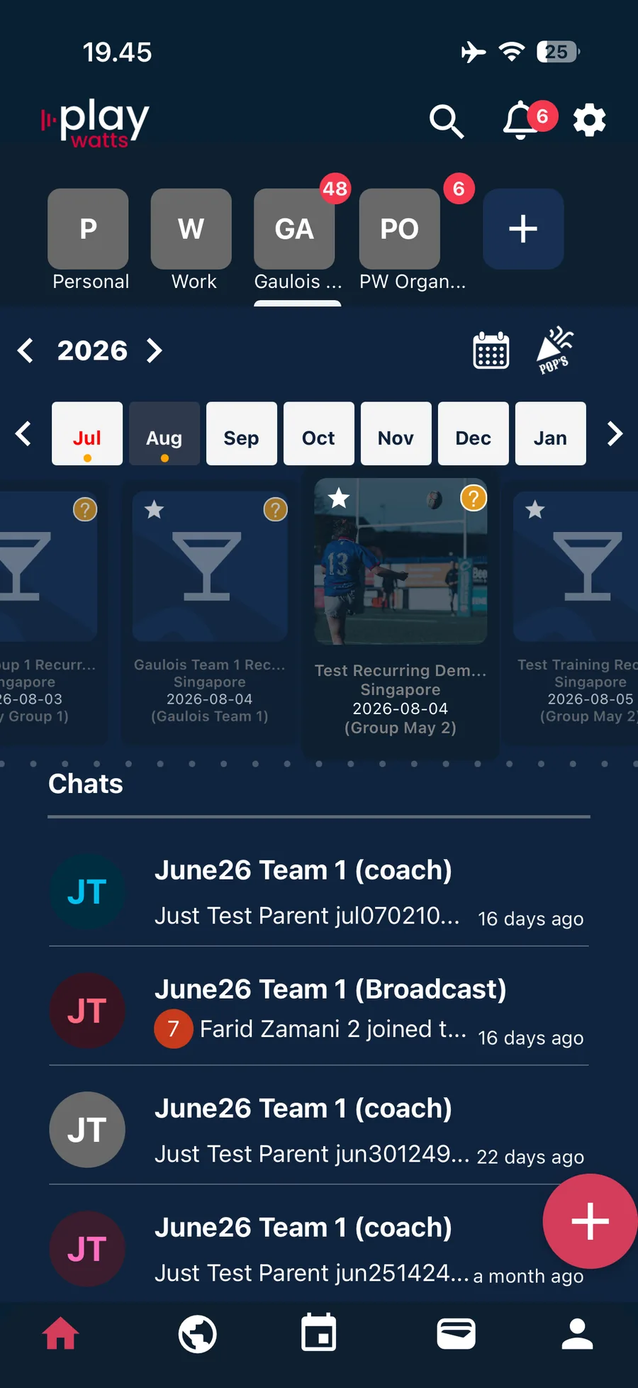 Playwatts mobile home screen with events and chats